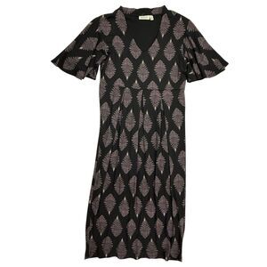 Masai Copenhagen Nika V-Neck Midi Shift Dress Small Leaf Print Pleated Flutter
